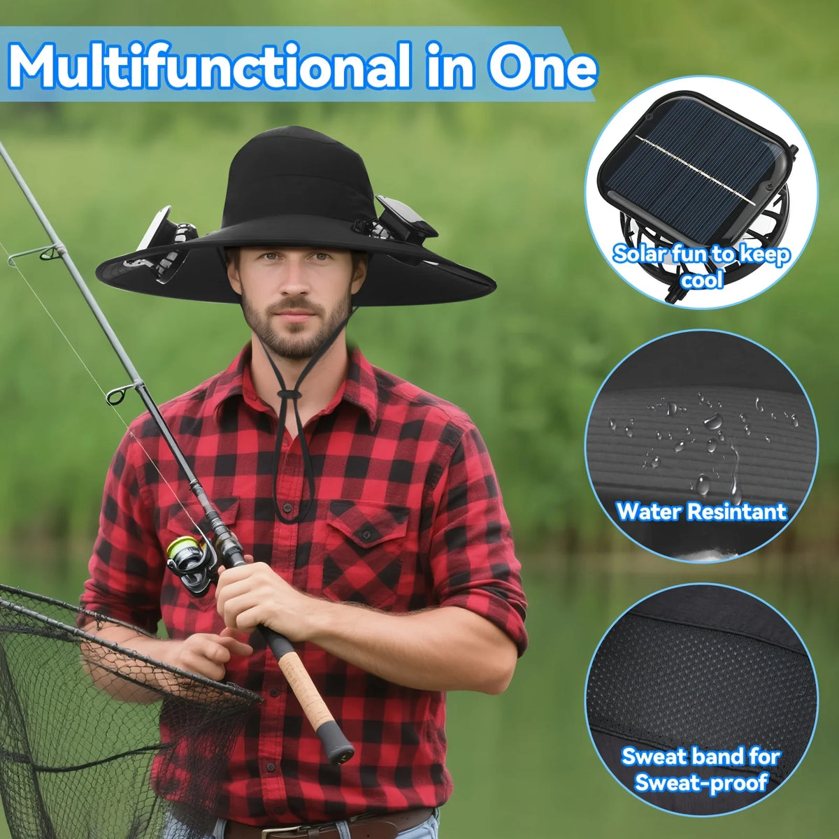Dual Fan Solar Sun Hat, UPF50+ Wide Brim UV Protection Bucket Hat, Rechargeable Cooling Hat for Outdoor Fishing Hiking