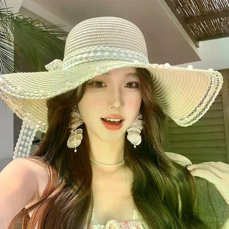 Women's Seaside Bow Beach Hat Oversize Straw Hat Women's Summer Sun Block Big Brim Hat Suitable For Sun Protection