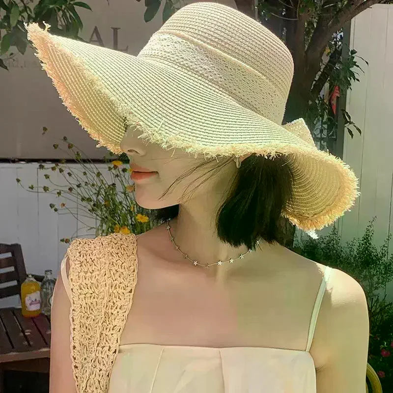 Women's Seaside Bow Beach Hat Oversize Straw Hat Women's Summer Sun Block Big Brim Hat Suitable For Sun Protection